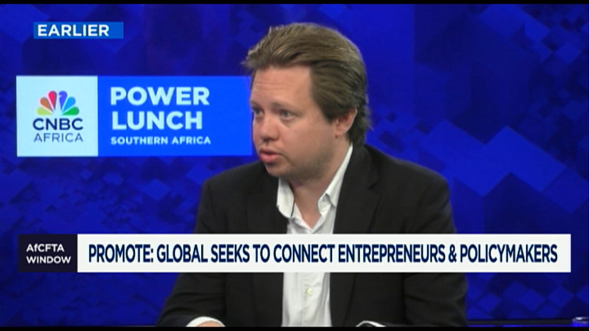 Dalton Makepeace interviewed on CNBC Africa's Power Lunch Southern Africa, under the on-screen line “Promote:Global seeks to connect entrepreneurs & policymakers”