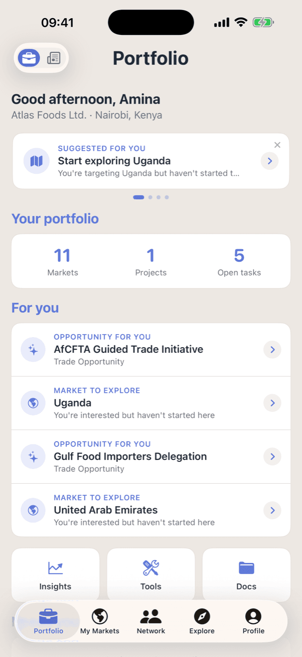 Promote:Global portfolio home for Atlas Foods Ltd. showing 11 active markets, a live project, five open tasks, and suggested opportunities like the AfCFTA Guided Trade Initiative
