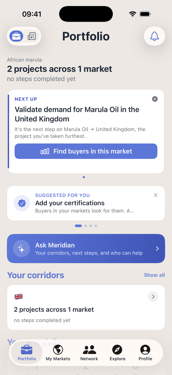 Promote:Global on iPhone, cycling through three screens: the portfolio home for a marula oil exporter, showing the next step on the UK corridor and an Ask Meridian banner; the markets list; and a live export project with its plan