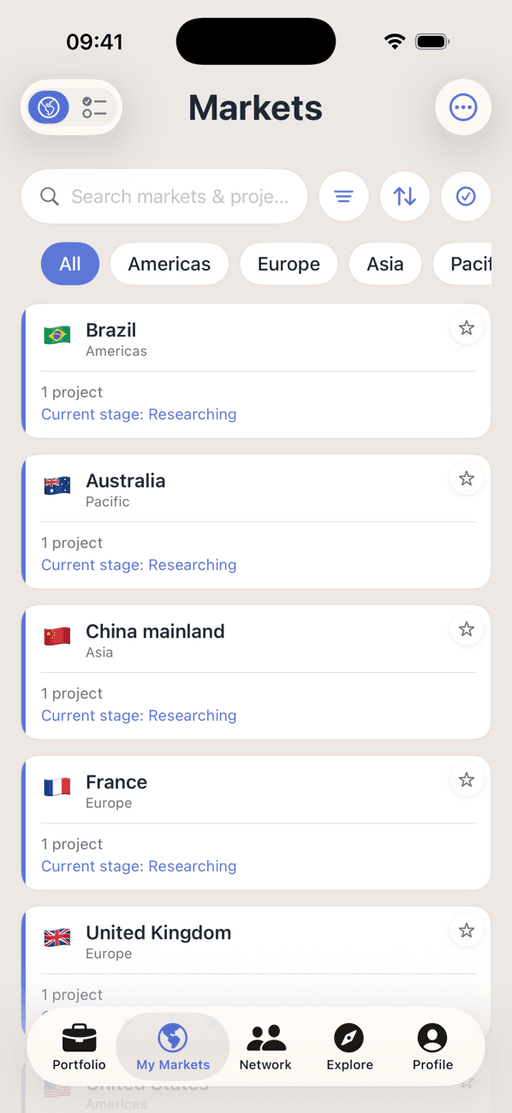 The Markets list in Promote:Global for a Namibian marula oil exporter: Brazil, Australia, China mainland, France, and the United Kingdom, each with a live project and its current stage, filterable by region