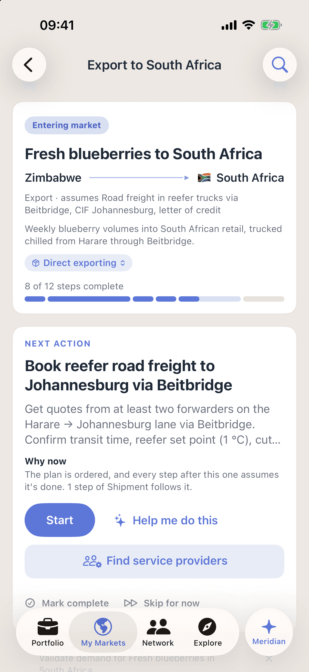 The project Fresh blueberries to South Africa on iPhone: Entering market, Zimbabwe to South Africa, an export assuming road freight in reefer trucks via Beitbridge, 8 of 12 steps complete, and the next action Book reefer road freight to Johannesburg via Beitbridge, with Start, Help me do this and Find service providers