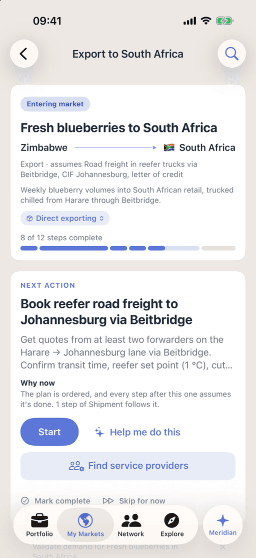 The Fresh blueberries to South Africa export project from Zimbabwe, by road in reefer trucks via Beitbridge, at 8 of 12 steps, with its next action to book reefer road freight to Johannesburg and the reason it comes now