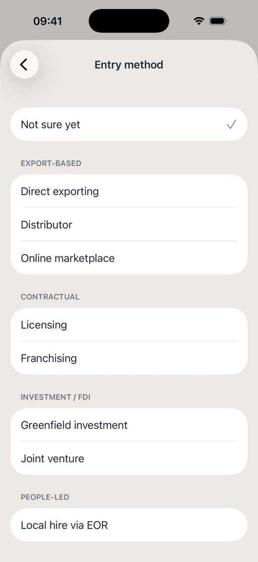 The entry-method picker in Promote:Global, grouped into export-based, contractual, investment/FDI, and people-led: from direct exporting and distributors to licensing, franchising, greenfield investment, joint ventures, and a local hire via EOR