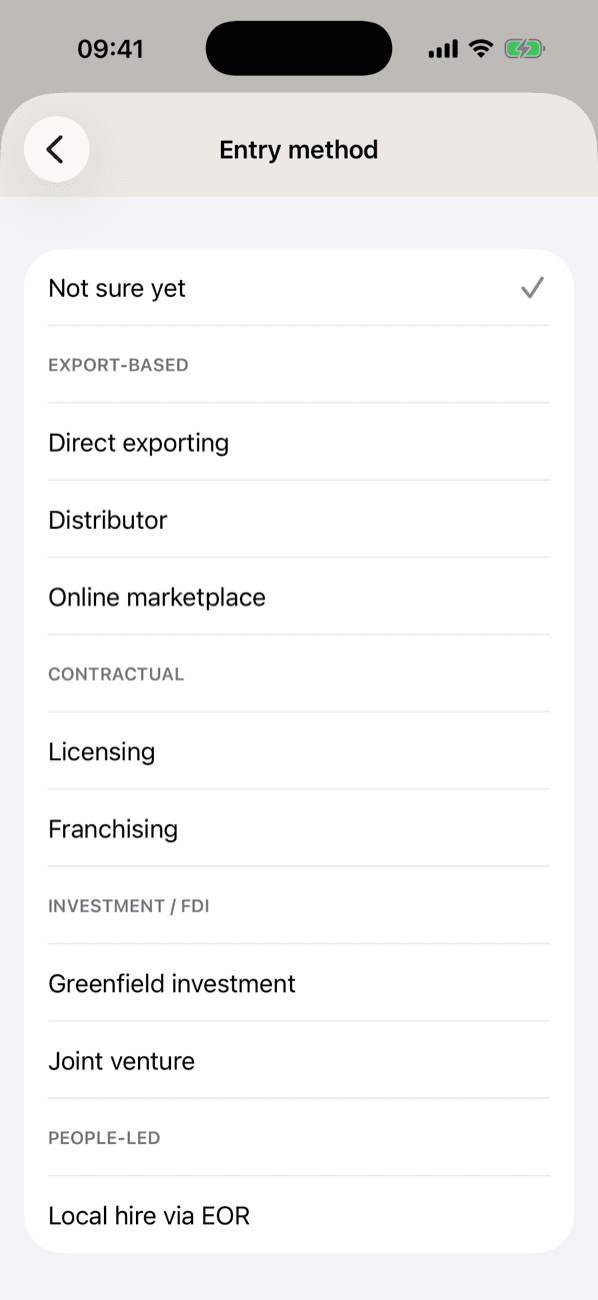 The entry-method picker in Promote:Global, grouped into export-based, contractual, investment/FDI, and people-led — from direct exporting and distributors to licensing, franchising, greenfield investment, joint ventures, and a local hire via EOR