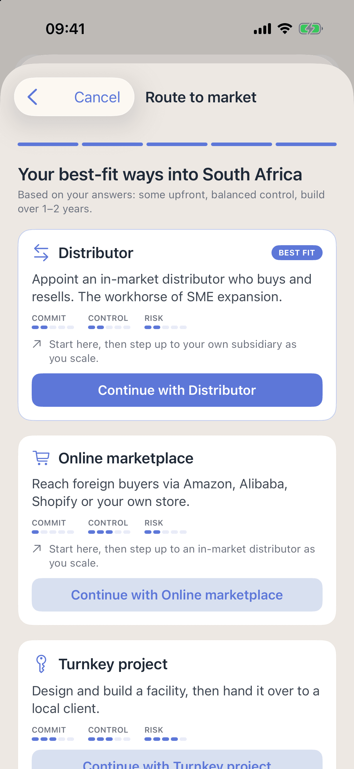 The route advisor’s result in Promote:Global: your best-fit ways into South Africa, ranked on your answers of some upfront investment, balanced control and building over one to two years, with a distributor marked best fit and rated for commitment, control and risk.