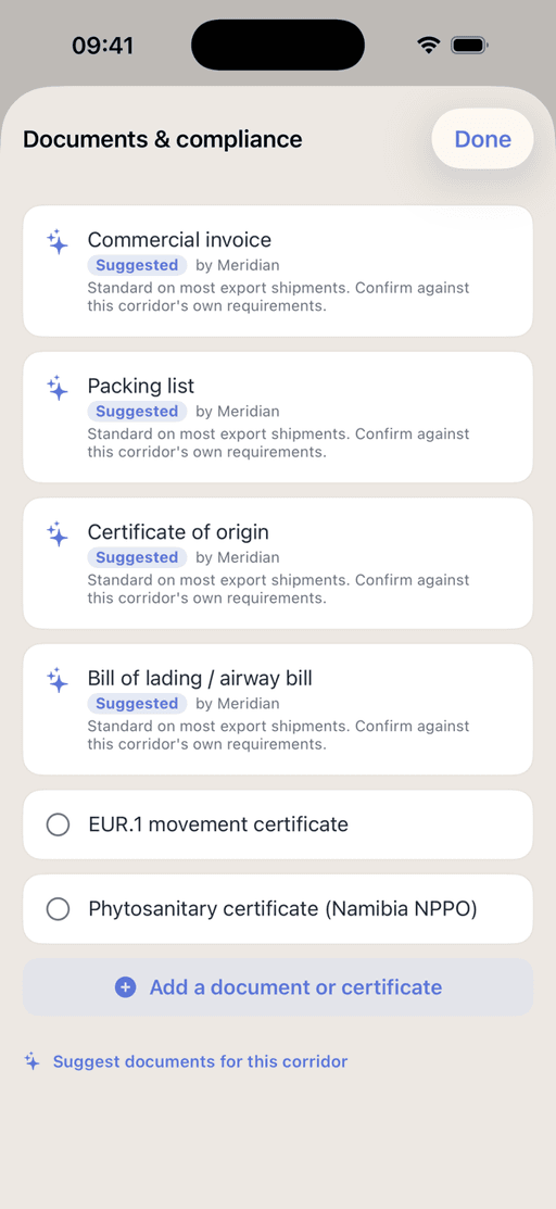 Documents & compliance on an export project: a commercial invoice, packing list, certificate of origin, and bill of lading suggested by Meridian, each flagged to confirm against the corridor’s own requirements, plus an EUR.1 movement certificate and a Namibian phytosanitary certificate added by hand