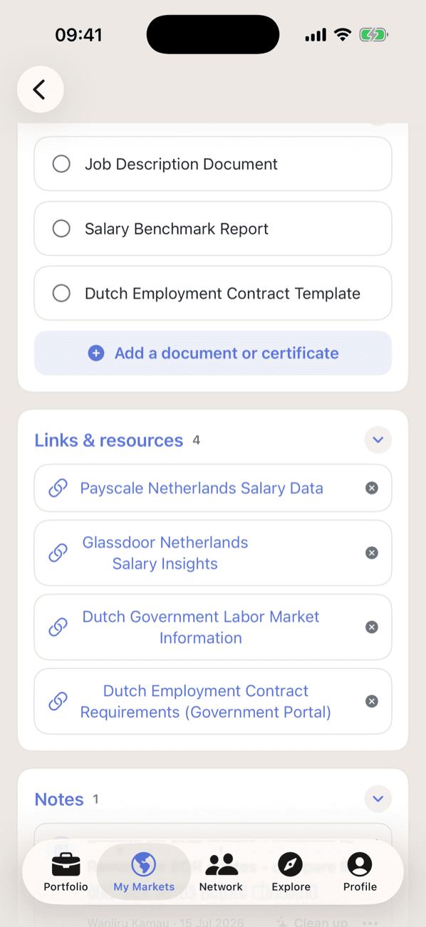 Documents & compliance inside an EOR-hire project — a job description, salary benchmark report, and Dutch employment contract template, with linked official Dutch labour-market resources