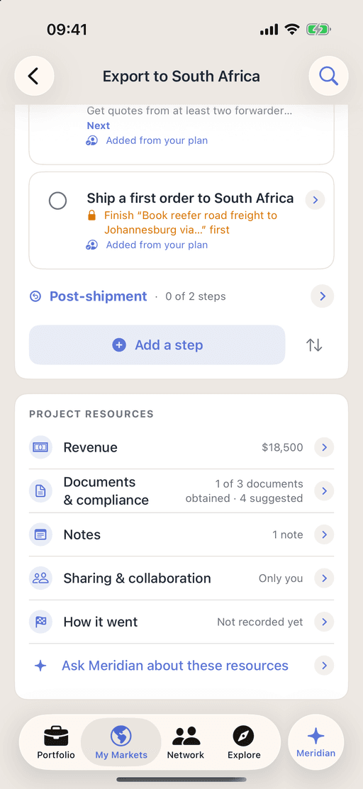 The end of an export project’s roadmap to South Africa, shipping the first order locked until the road freight is booked, above the project’s resources: $18,500 of revenue logged and 1 of 3 documents obtained