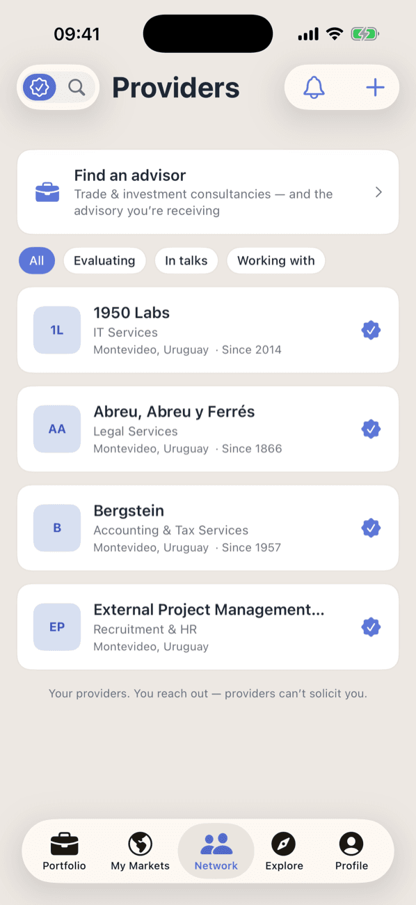 The provider network in Promote:Global — verified IT, legal, accounting, and recruitment firms plus a find-an-advisor entry; you reach out, providers can’t solicit you