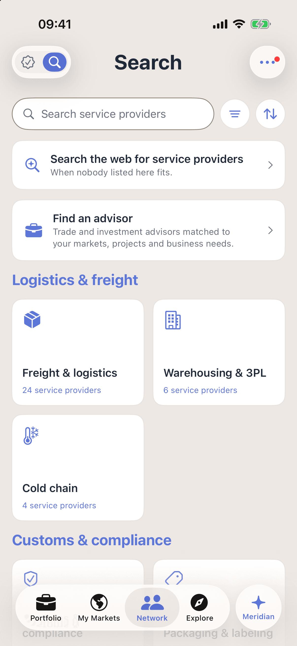 The provider directory in Promote:Global, browsable by service category: a card to search the web for service providers when nobody listed fits, a Find an advisor card, and Logistics and freight, holding freight and logistics and warehousing and 3PL.