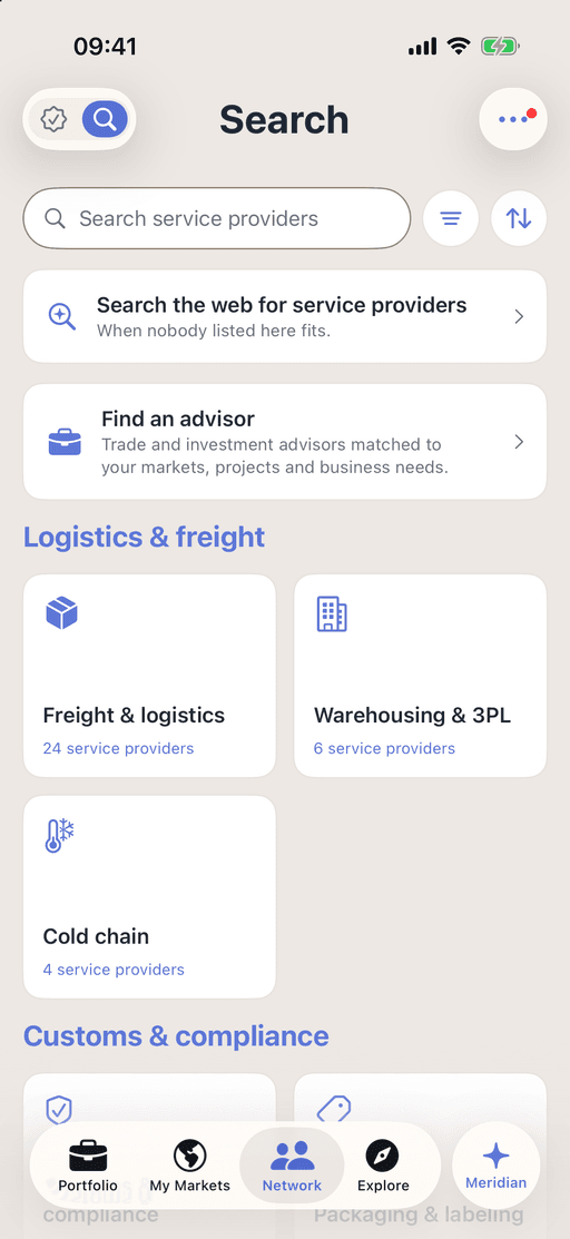 The provider directory a company searches in Promote:Global: a search field, a card to search the web when nobody listed fits, a find-an-advisor card, and self-listed providers grouped by what they do, with freight and logistics, warehousing and 3PL and cold chain under Logistics and freight, each category showing how many are listed