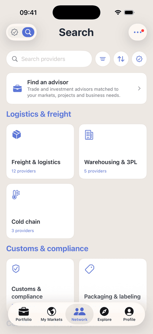 The provider directory a company searches in Promote:Global: a search field, country and sort filters, a find-an-advisor entry, and self-listed providers grouped by what they do — freight and logistics, warehousing and 3PL, cold chain, customs and compliance, packaging and labeling — each category showing how many firms are listed