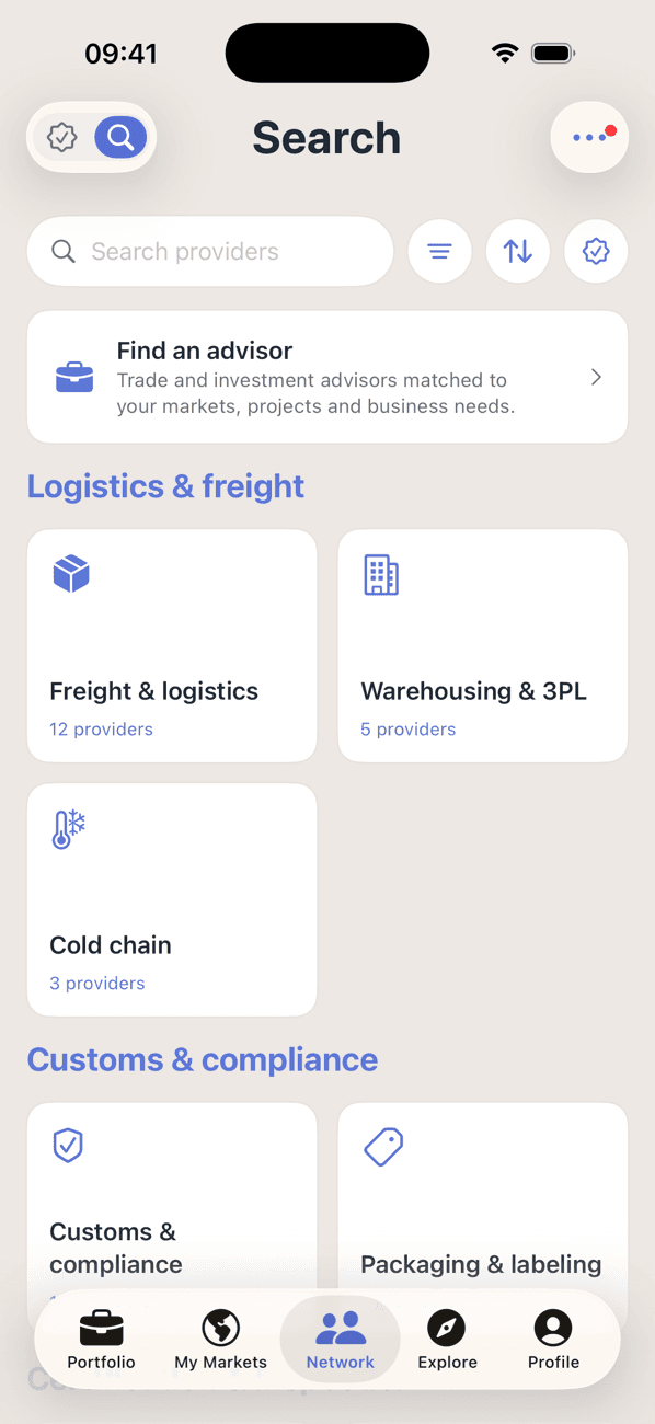 The provider directory a company searches in Promote:Global: a search field, country and sort filters, and self-listed providers grouped by what they do — freight and logistics, warehousing and 3PL, cold chain, customs and compliance, packaging and labeling — each category showing how many firms are listed