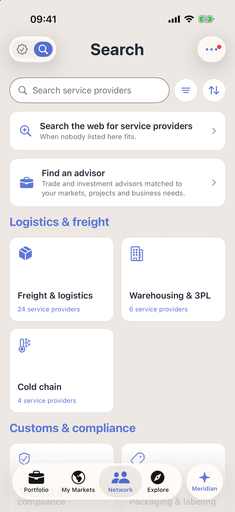 The provider directory a company searches in Promote:Global: a search field, a card to search the web when nobody listed fits, a find-an-advisor card, and self-listed providers grouped by what they do, with freight and logistics, warehousing and 3PL and cold chain under Logistics and freight, each category showing how many are listed.
