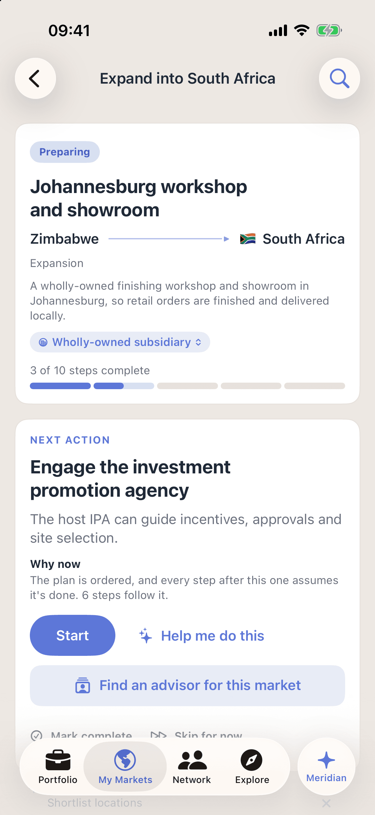 An expansion project in Promote:Global, a Johannesburg workshop and showroom set up from Zimbabwe in South Africa as a wholly-owned subsidiary, marked Preparing at 3 of 10 steps, with the next action to engage the investment promotion agency because six steps follow it.