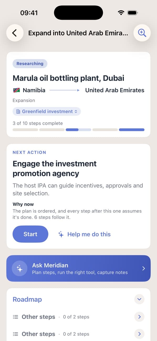 A greenfield investment project in Promote:Global — a marula oil bottling plant in Dubai — on a 10-step expansion framework with 3 steps done and “Engage the investment promotion agency” up next