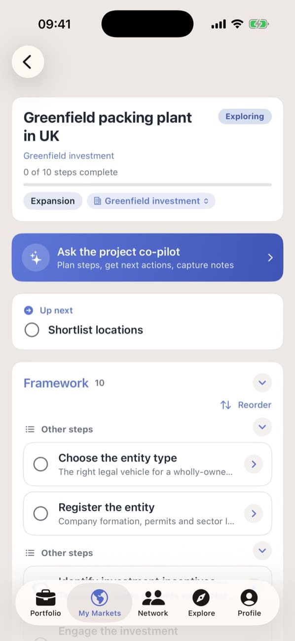 A greenfield packing-plant project for the UK in Promote:Global — a 10-step investment framework with a project co-pilot, “Shortlist locations” up next, then entity choice and registration