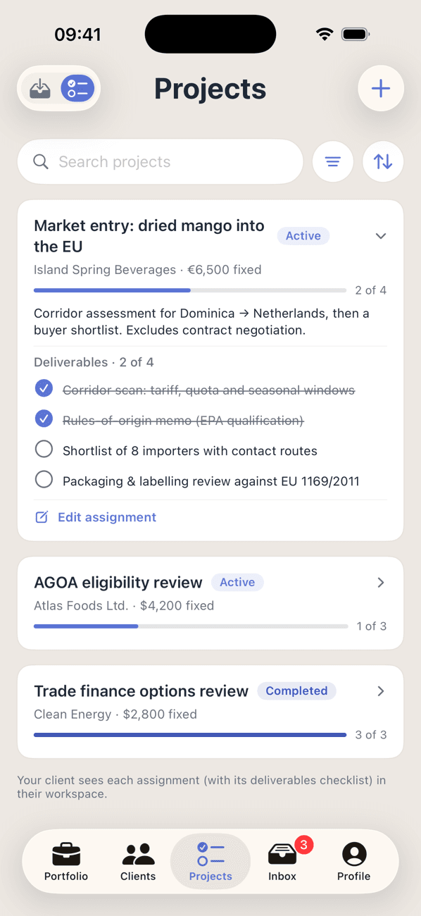 An advisory assignment in Promote:Global: market entry for dried mango into the EU for a client, on a fixed fee, with the scope stated and a deliverables checklist at two of four — a corridor scan and a rules-of-origin memo done, an importer shortlist and a packaging and labeling review still open