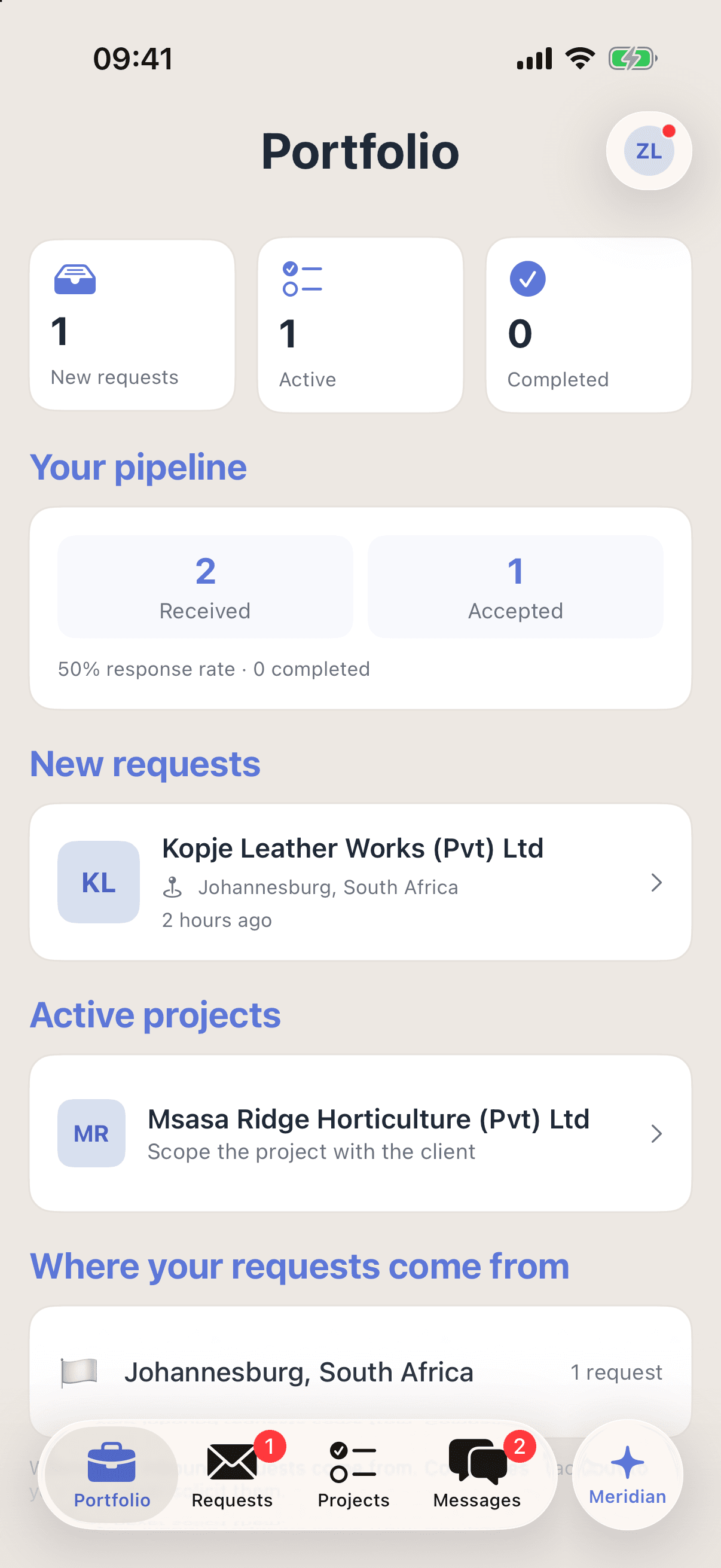 The new requests in a service provider’s Portfolio in Promote:Global: Kopje Leather Works, for Johannesburg, South Africa, two hours ago.