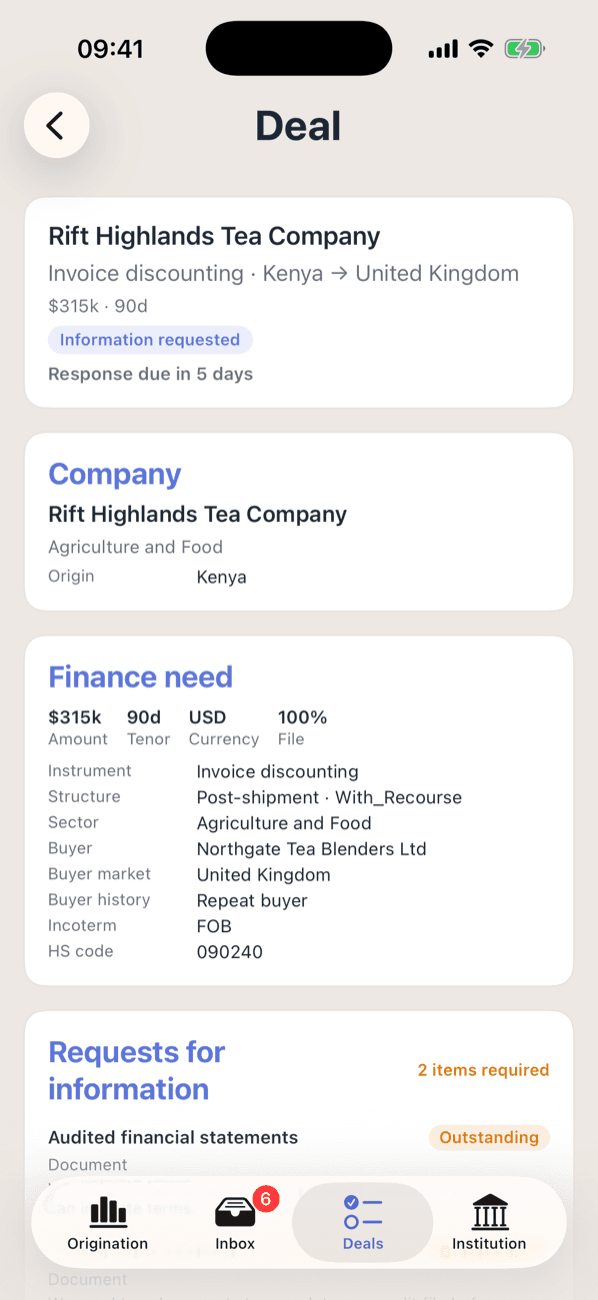 The finance need on a case in Promote:Global: $315k over 90 days in USD with the file at 100 percent, above invoice discounting, post-shipment with recourse, Agriculture and Food, the buyer Northgate Tea Blenders Ltd in the United Kingdom as a repeat buyer, Incoterm FOB and HS code 090240 — and under it a request for information showing two items required.