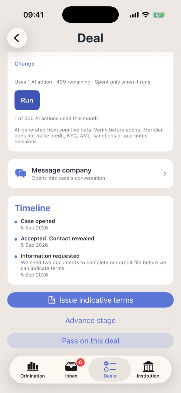 A case timeline in Promote:Global reading case opened, then accepted with contact revealed, then information requested with the financier’s own note asking for two documents to complete the credit file before terms can be indicated — and below it the three actions available: issue indicative terms, advance stage, or pass on this deal.