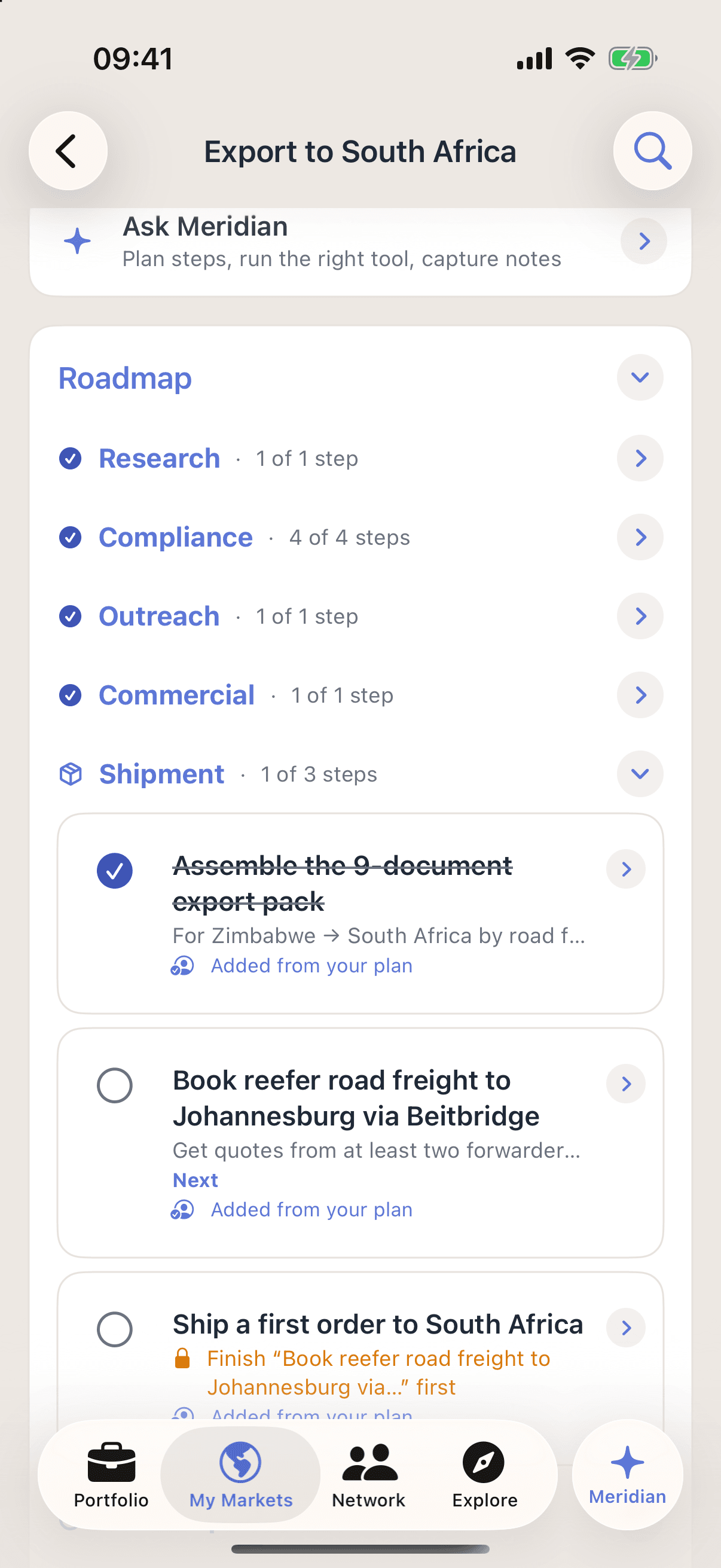 The roadmap of the Export to South Africa project in Promote:Global: research, compliance, outreach and commercial complete, then shipment at 1 of 3 steps, the export pack assembled and booking road freight to Johannesburg via Beitbridge marked Next.