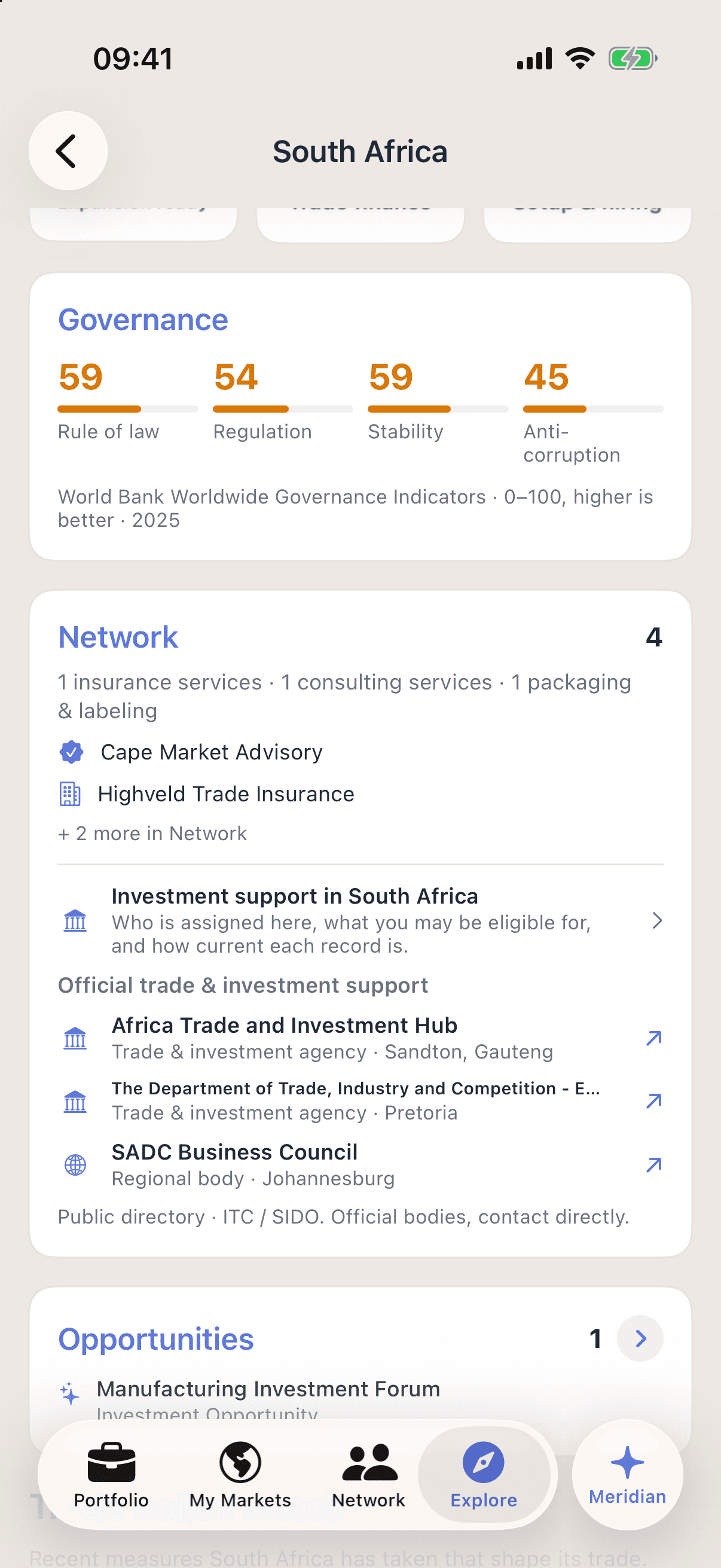 Investment support on the South Africa market page: a door to who is assigned there and what you may be eligible for, then official trade and investment support from a public directory, two trade and investment agencies and a regional body, to be contacted directly.