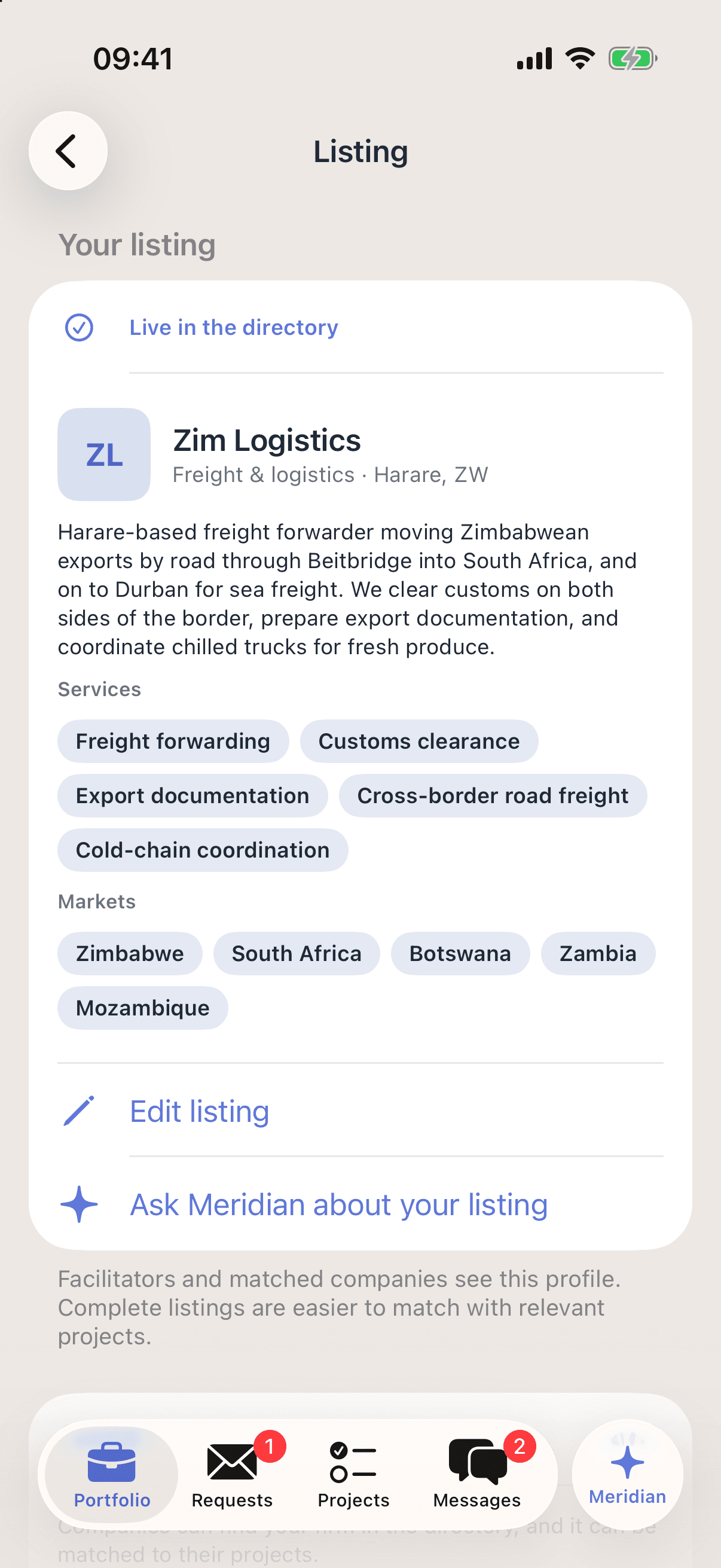 A freight forwarder’s own listing in Promote:Global: a Harare firm moving Zimbabwean exports by road through Beitbridge into South Africa and on to Durban for sea freight, five services from freight forwarding and customs clearance to cold-chain coordination, the five markets it covers, Zimbabwe, South Africa, Botswana, Zambia and Mozambique, and the control that edits the lot.
