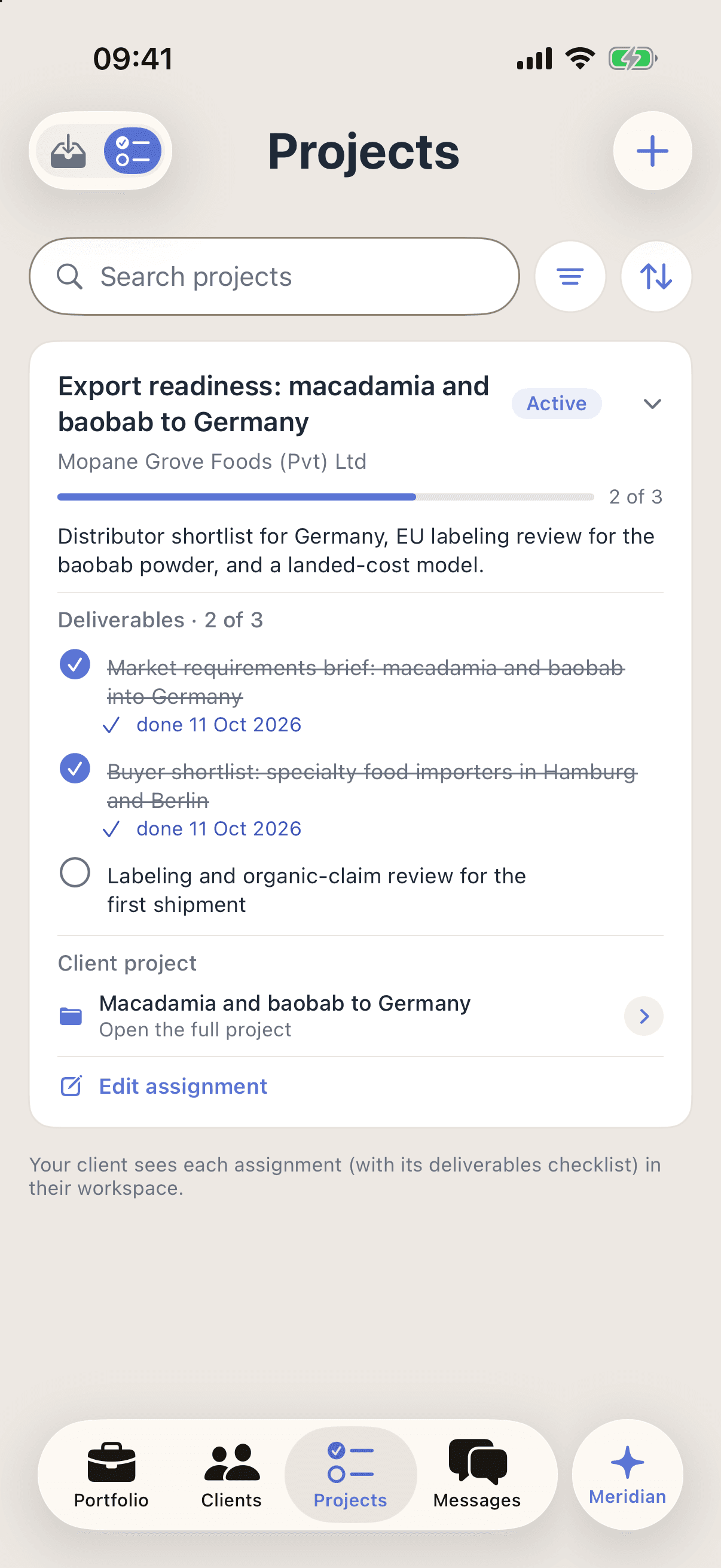 An assignment in the advisory console on iPhone: export readiness for macadamia and baobab to Germany, for Mopane Grove Foods, marked Active, scoped as a distributor shortlist, an EU labeling review and a landed-cost model, with 2 of 3 deliverables done on October 11, 2026, and its linked client project.