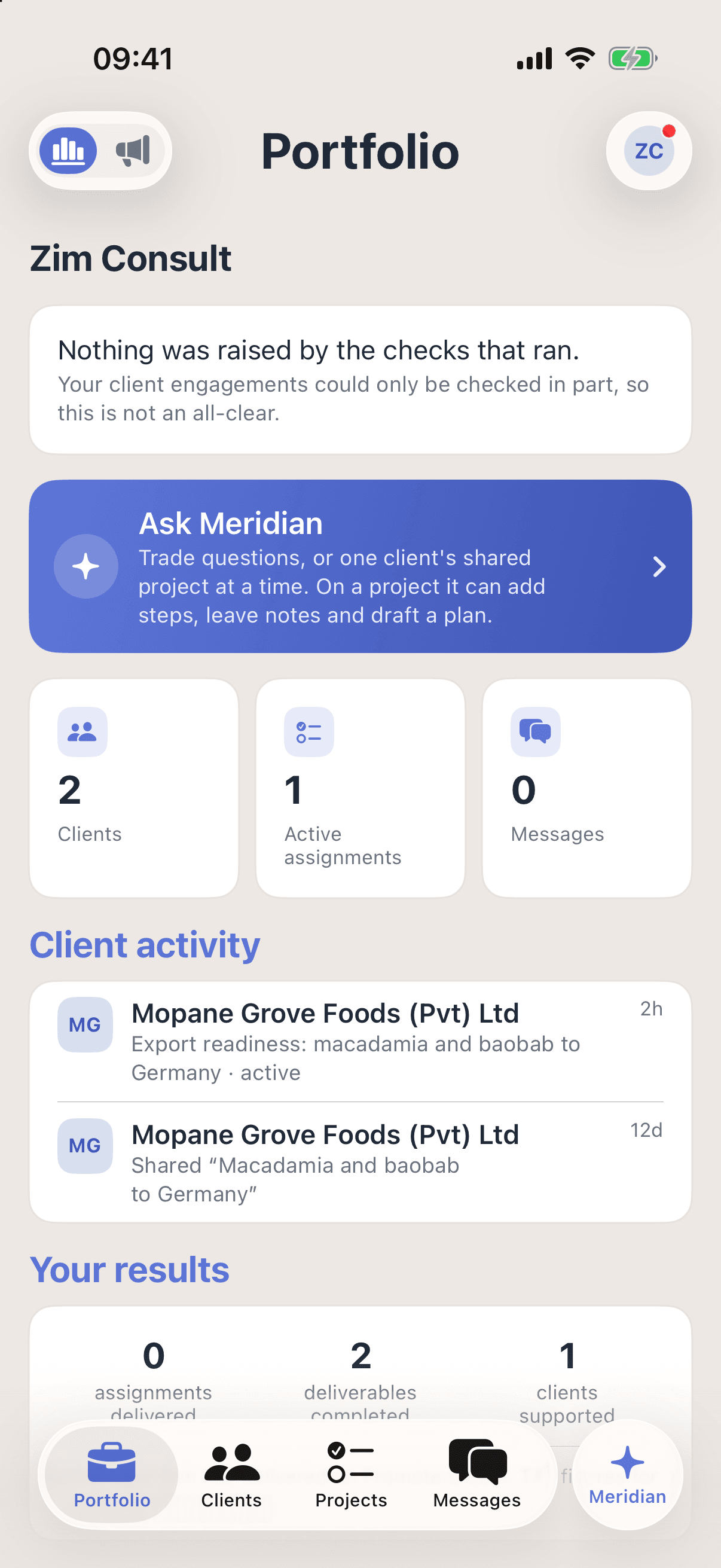 The advisory Portfolio on iPhone: 2 clients, 1 active assignment and 0 messages, then client activity from Mopane Grove Foods, its export-readiness assignment for macadamia and baobab to Germany marked active, and the project it shared with the firm.