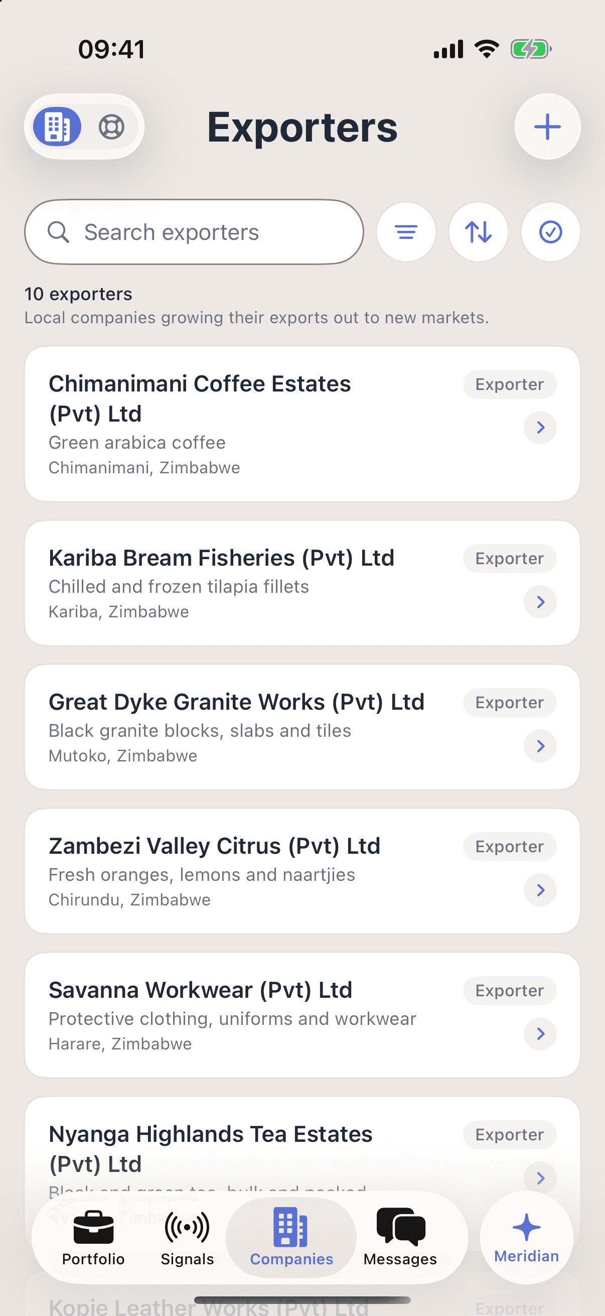 The agency’s Exporters list on iPhone: 10 exporters, local companies growing their exports to new markets, each with what it sells and where it is based: Chimanimani Coffee Estates, green arabica coffee, Chimanimani; Kariba Bream Fisheries, chilled and frozen tilapia fillets, Kariba; Great Dyke Granite Works, black granite blocks, slabs and tiles, Mutoko; and Zambezi Valley Citrus, fresh oranges, lemons and naartjies, Chirundu.