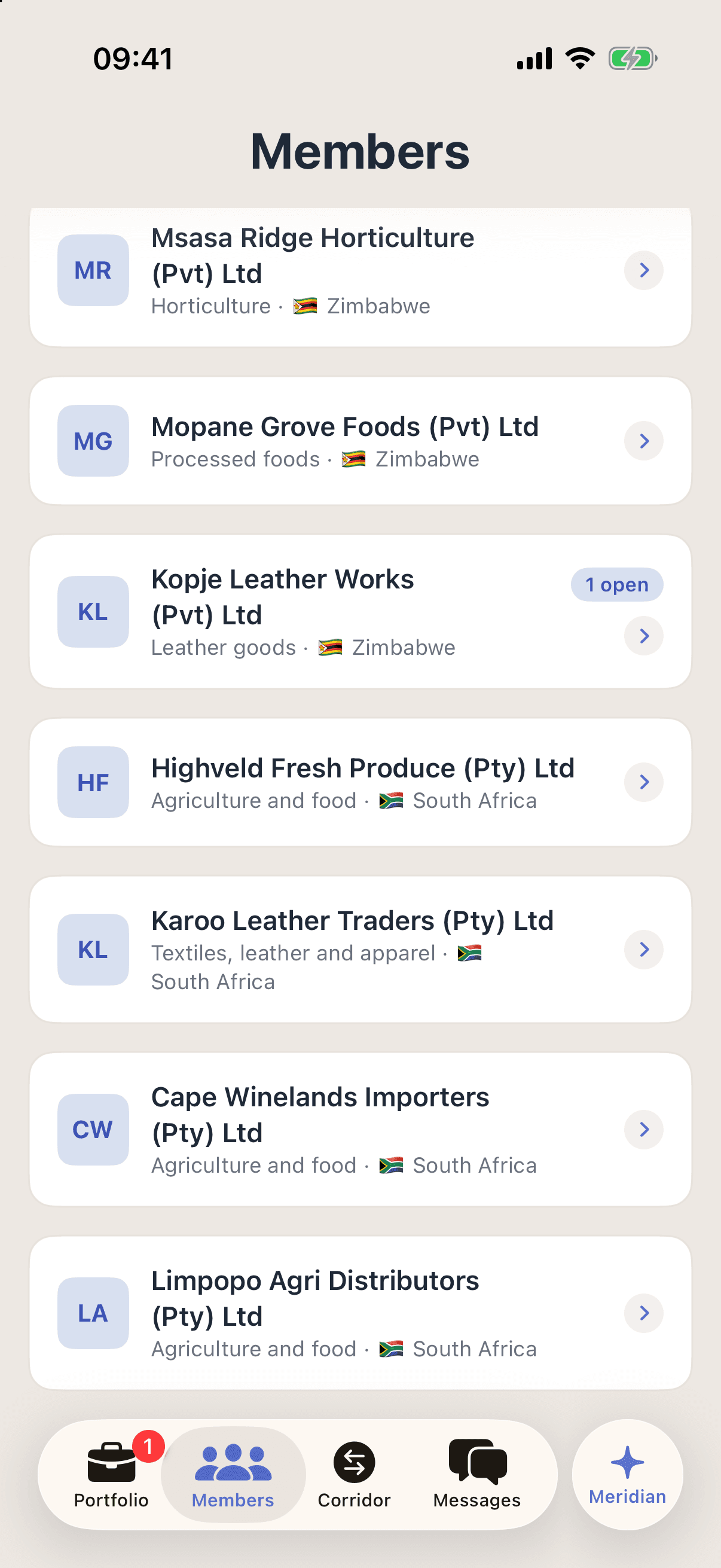 The chamber Members screen in Promote:Global for the Zimbabwe–South Africa chamber: Msasa Ridge Horticulture in horticulture and Mopane Grove Foods in processed foods, both in Zimbabwe; Kopje Leather Works in leather goods, Zimbabwe, carrying a 1 open badge; then Highveld Fresh Produce, Karoo Leather Traders, Cape Winelands Importers and Limpopo Agri Distributors in South Africa.