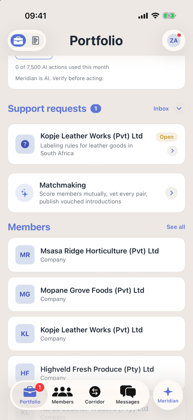 The chamber console open on Portfolio in Promote:Global, for the Zimbabwe–South Africa chamber: the support inbox with Kopje Leather Works’ open question about labeling rules for leather goods in South Africa, the Matchmaking row, and the member list beginning with Msasa Ridge Horticulture, Mopane Grove Foods, Kopje Leather Works and Highveld Fresh Produce.