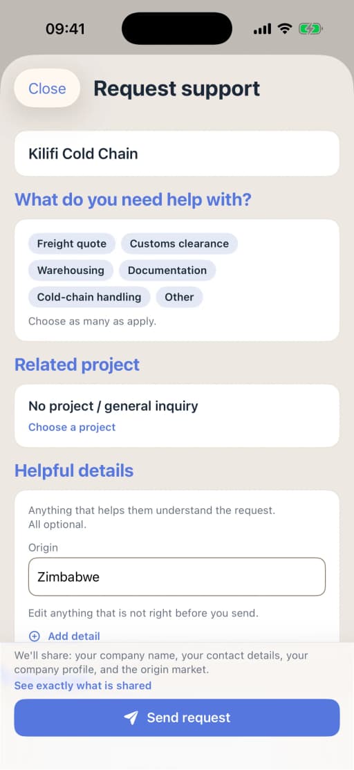 The Request support form on the iPhone, addressed to a cold-chain firm: what you need help with, the related project, helpful details with the origin, and above Send request the list of what is shared, your company name, contact details, company profile and origin market, with See exactly what is shared.