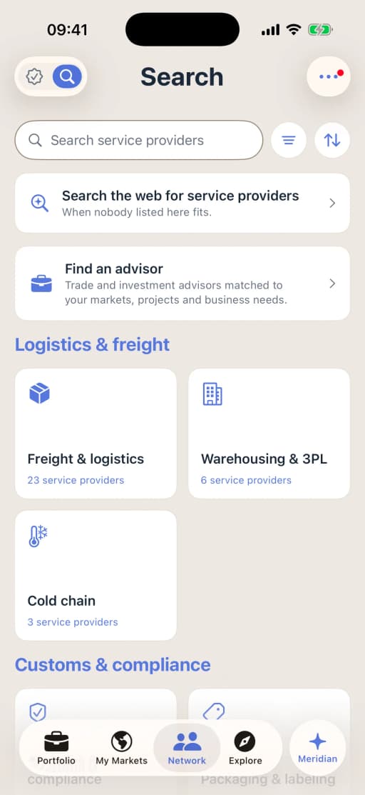 Search on the iPhone Network tab: a search box, Search the web for service providers, Find an advisor, and the Logistics and freight group with Freight and logistics (23 service providers), Warehousing and 3PL (6) and Cold chain (3).