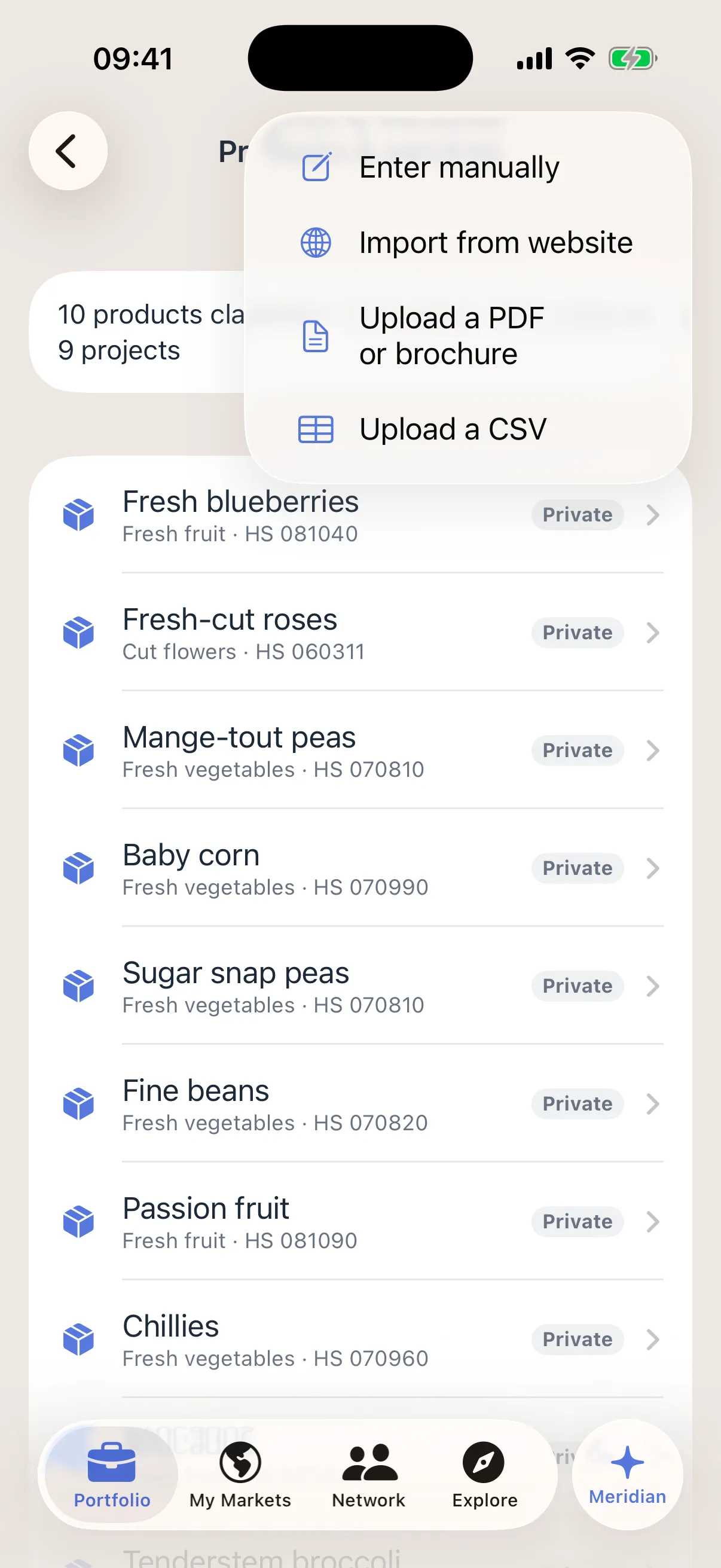 Products and services on iPhone: fresh blueberries (HS 0810.40), fresh-cut roses, mange-tout peas, baby corn and others, each marked Private, with the menu for adding one open: Enter manually, Import from website, Upload a PDF or brochure, Upload a CSV