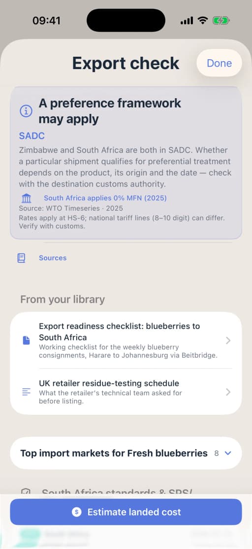 An Export check result on the iPhone: a preference framework may apply under SADC, since Zimbabwe and South Africa are both members; South Africa applies 0% MFN (2025), from WTO Timeseries; and a note that rates apply at six digits and national tariff lines can differ.