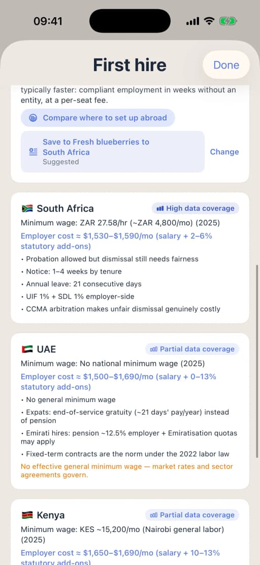 First hire on the iPhone: Start with an EOR, then South Africa with its minimum wage (2025), the employer cost estimate with statutory add-ons, probation, notice, annual leave and employer contributions, and the United Arab Emirates below with partial data coverage.