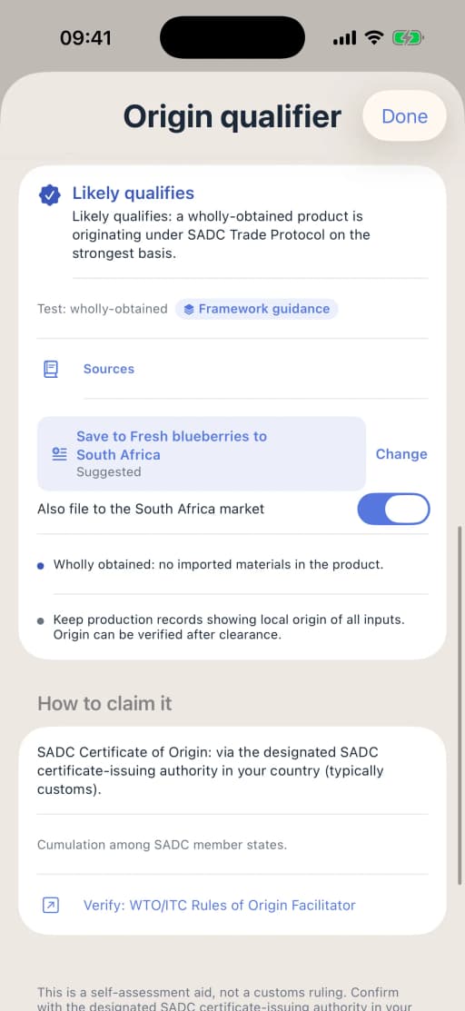 The Origin qualifier verdict on the iPhone: likely qualifies, a wholly-obtained product originating under the SADC Trade Protocol on the strongest basis, with the test, the Framework guidance mark, the sources, a Save to project button, and how to claim it with a SADC certificate of origin.