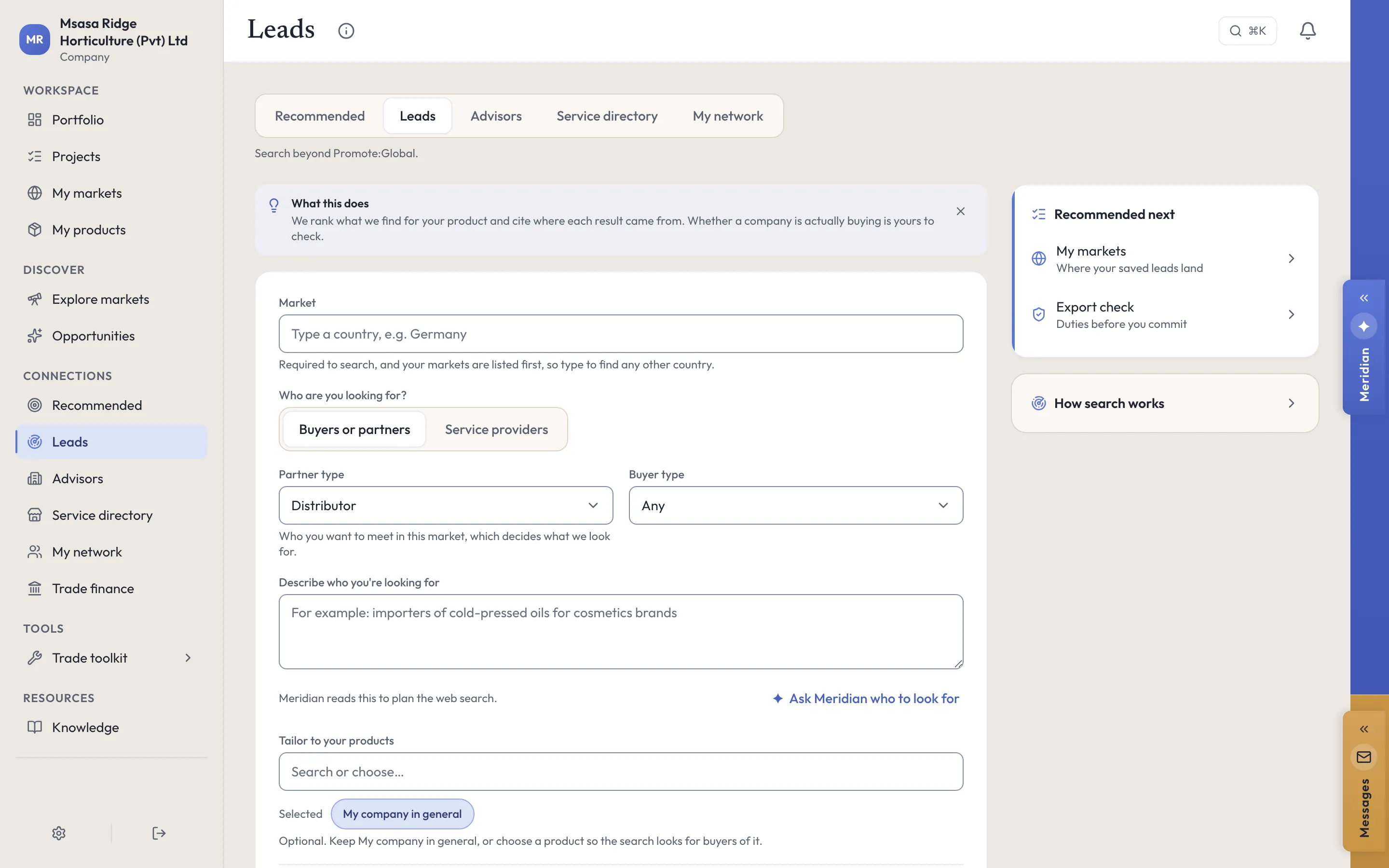 Leads in the Promote:Global web console: the market, who you are looking for (buyers or partners, or service providers), the partner type set to Distributor, the buyer type, a box to describe who you are looking for, and Ask Meridian who to look for.