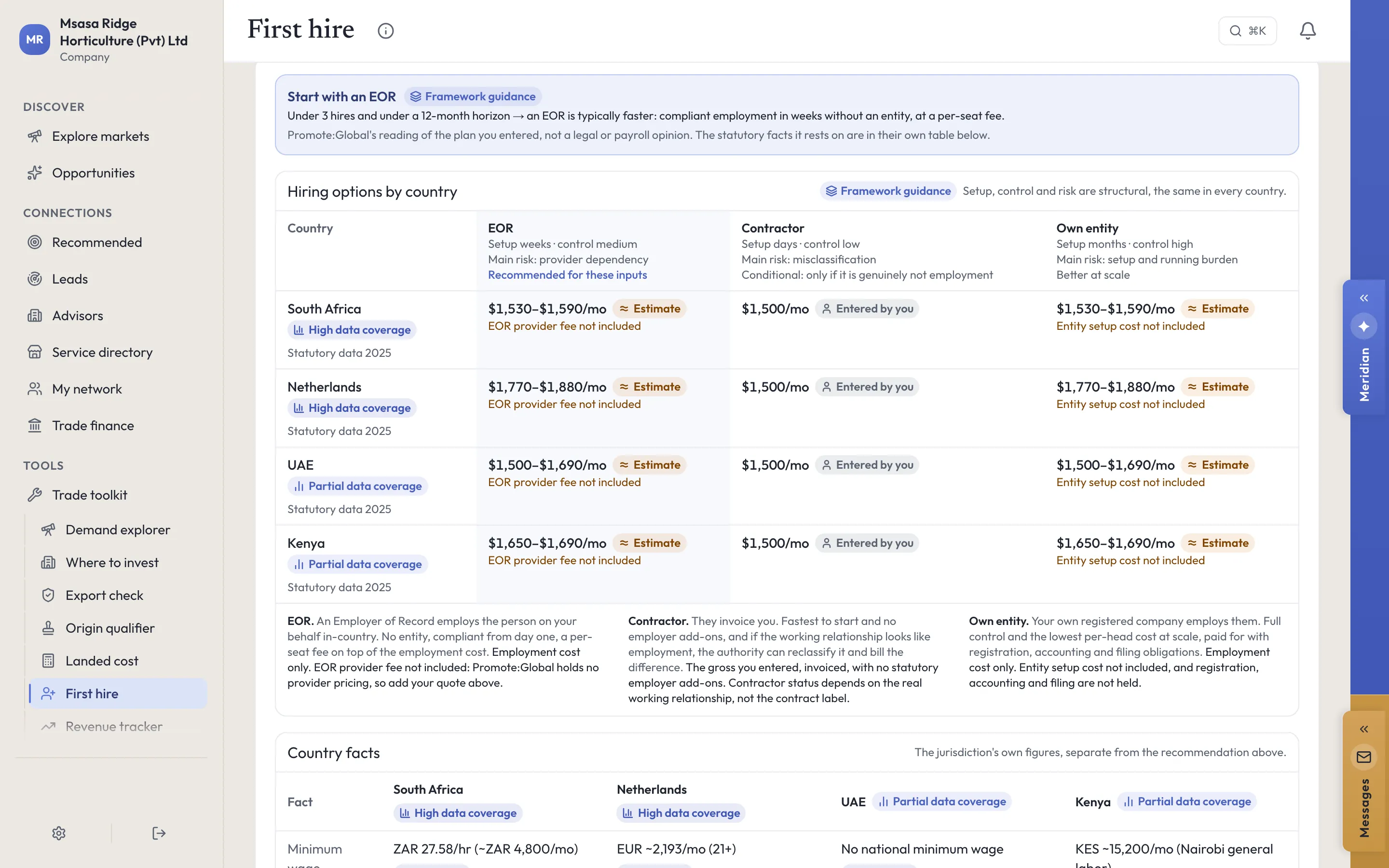 First hire on the web: the Start with an EOR advice marked Framework guidance, read as Promote:Global’s reading of the plan entered and not a legal or payroll opinion, then the table of EOR, contractor and own entity by country with setup time, control and main risk.