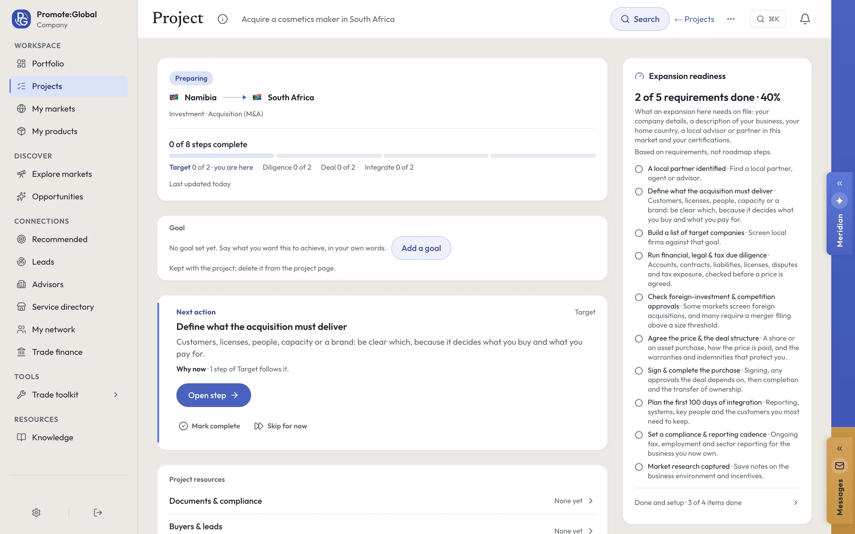An acquisition project in the Promote:Global web console, Acquire a cosmetics maker in South Africa: Investment · Acquisition (M&A), 0 of 8 steps in Target, Diligence, Deal and Integrate, and the next action, Define what the acquisition must deliver.