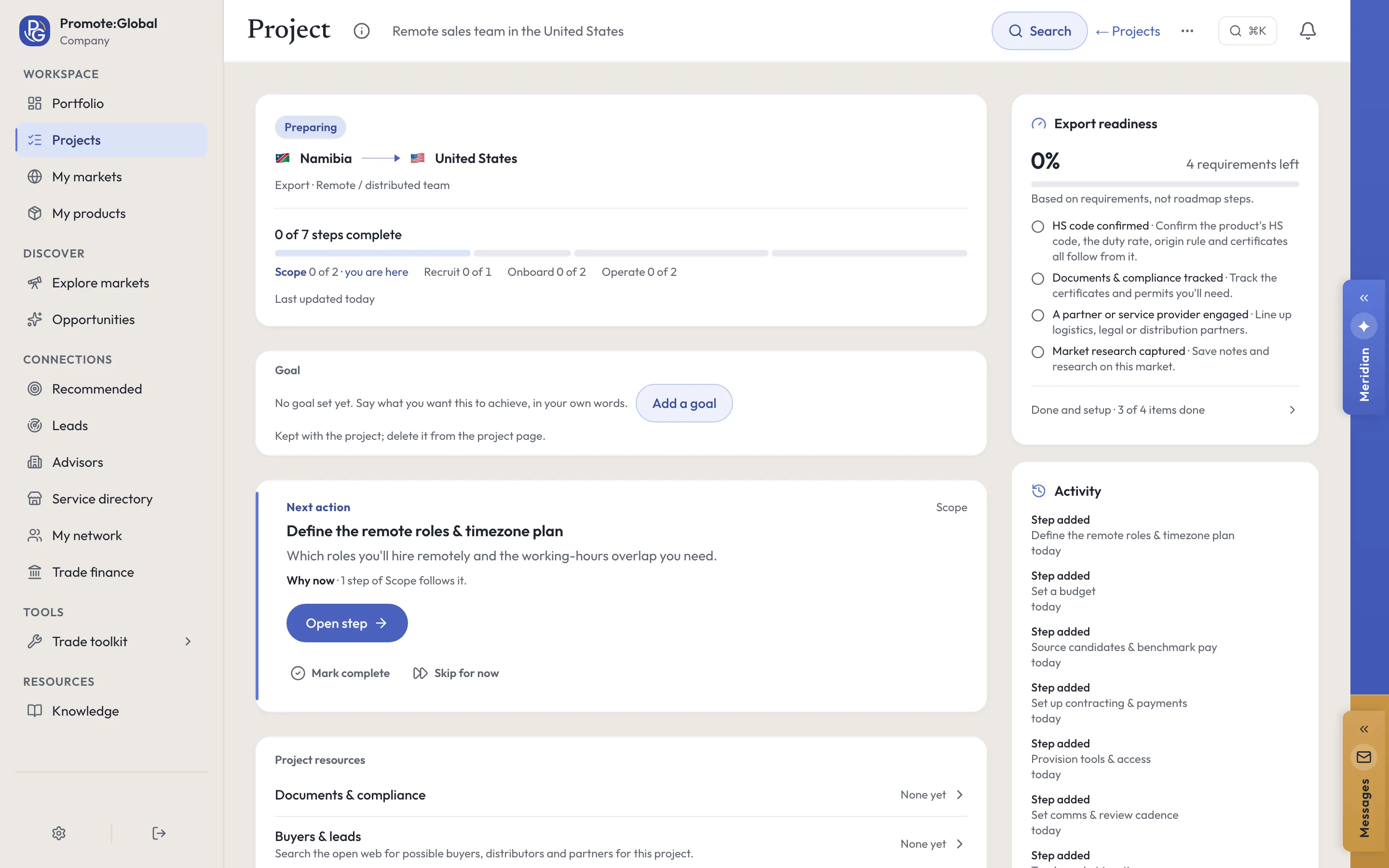 A remote team project in the Promote:Global web console, Remote sales team in the United States: Export · Remote / distributed team, 0 of 7 steps in Scope, Recruit, Onboard and Operate, and the next action, Define the remote roles & timezone plan.
