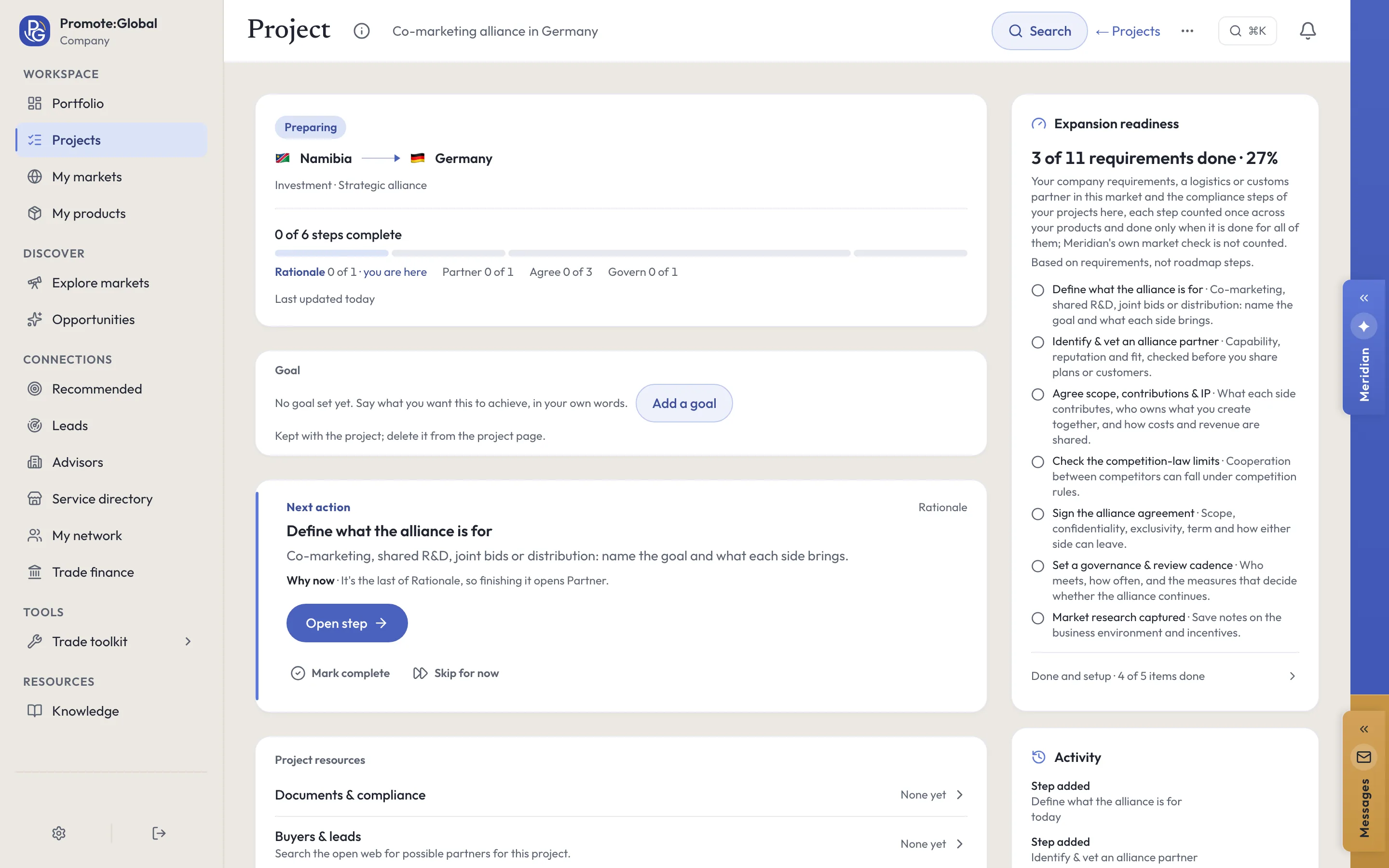 A strategic alliance project in the Promote:Global web console, Co-marketing alliance in Germany: Investment · Strategic alliance, 0 of 6 steps in Rationale, Partner, Agree and Govern, and the next action, Define what the alliance is for.