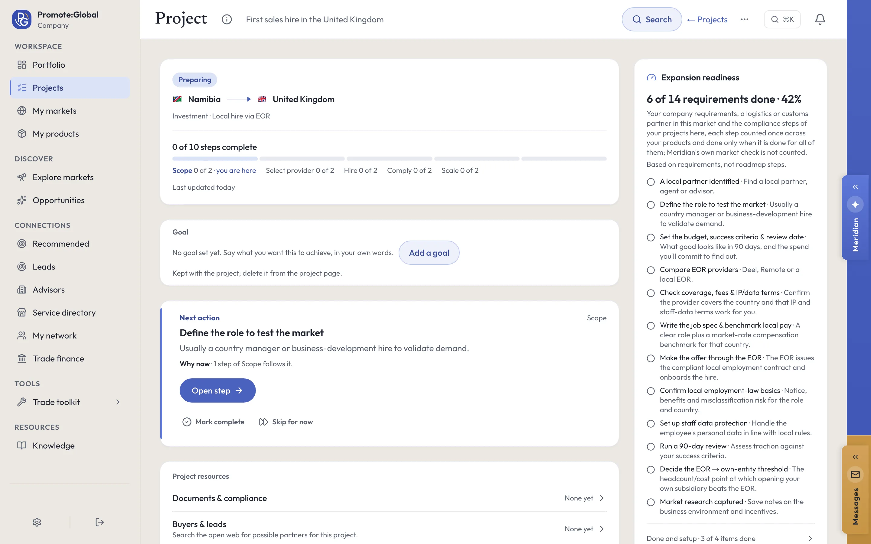 A local hire via EOR project in the Promote:Global web console, First sales hire in the United Kingdom: Investment · Local hire via EOR, 0 of 10 steps in Scope, Select provider, Hire, Comply and Scale, and the next action, Define the role to test the market.