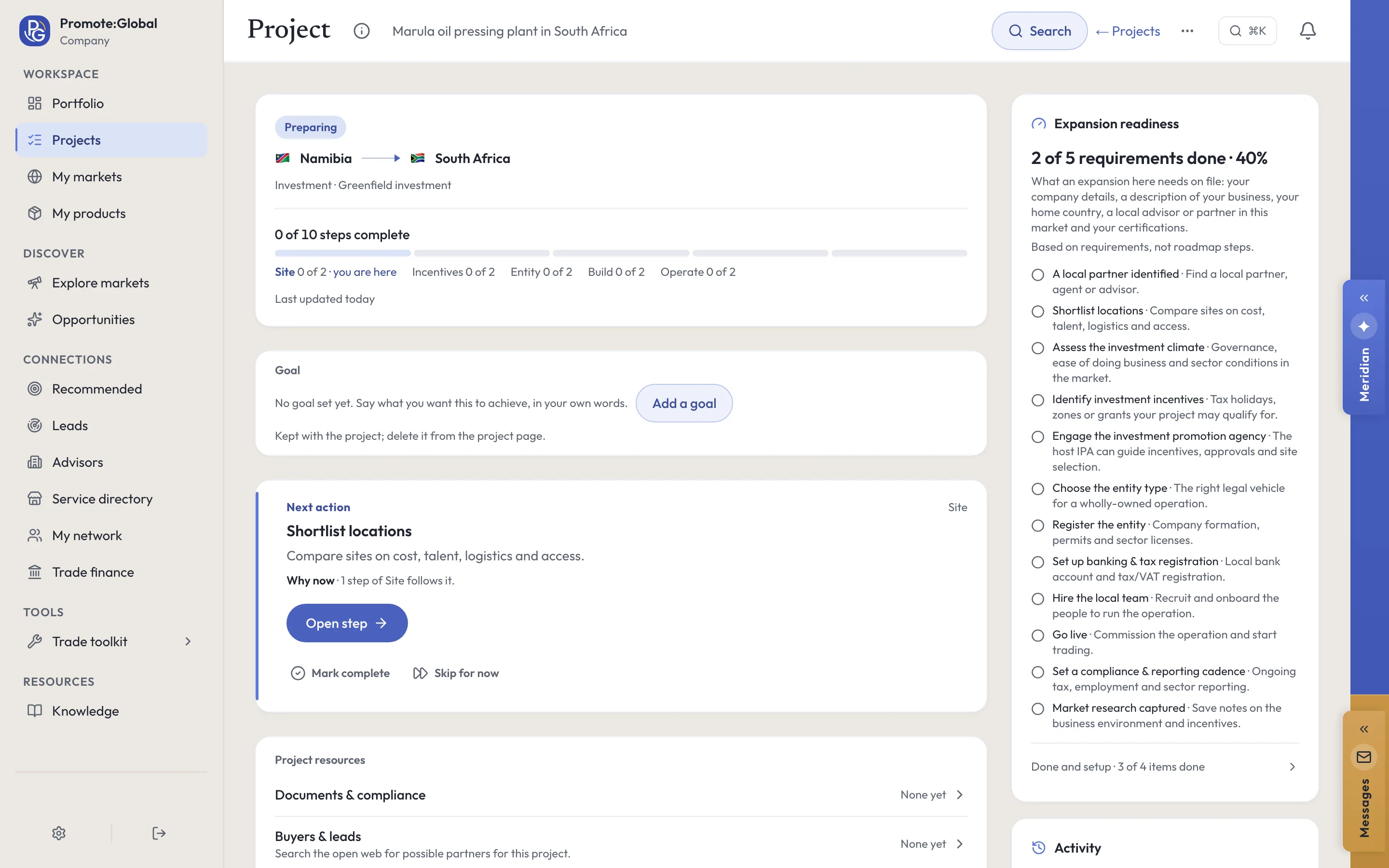 A greenfield investment project in the Promote:Global web console, Marula oil pressing plant in South Africa: Investment · Greenfield investment, 0 of 10 steps in Site, Incentives, Entity, Build and Operate, the next action Shortlist locations, and the expansion readiness list beside it.