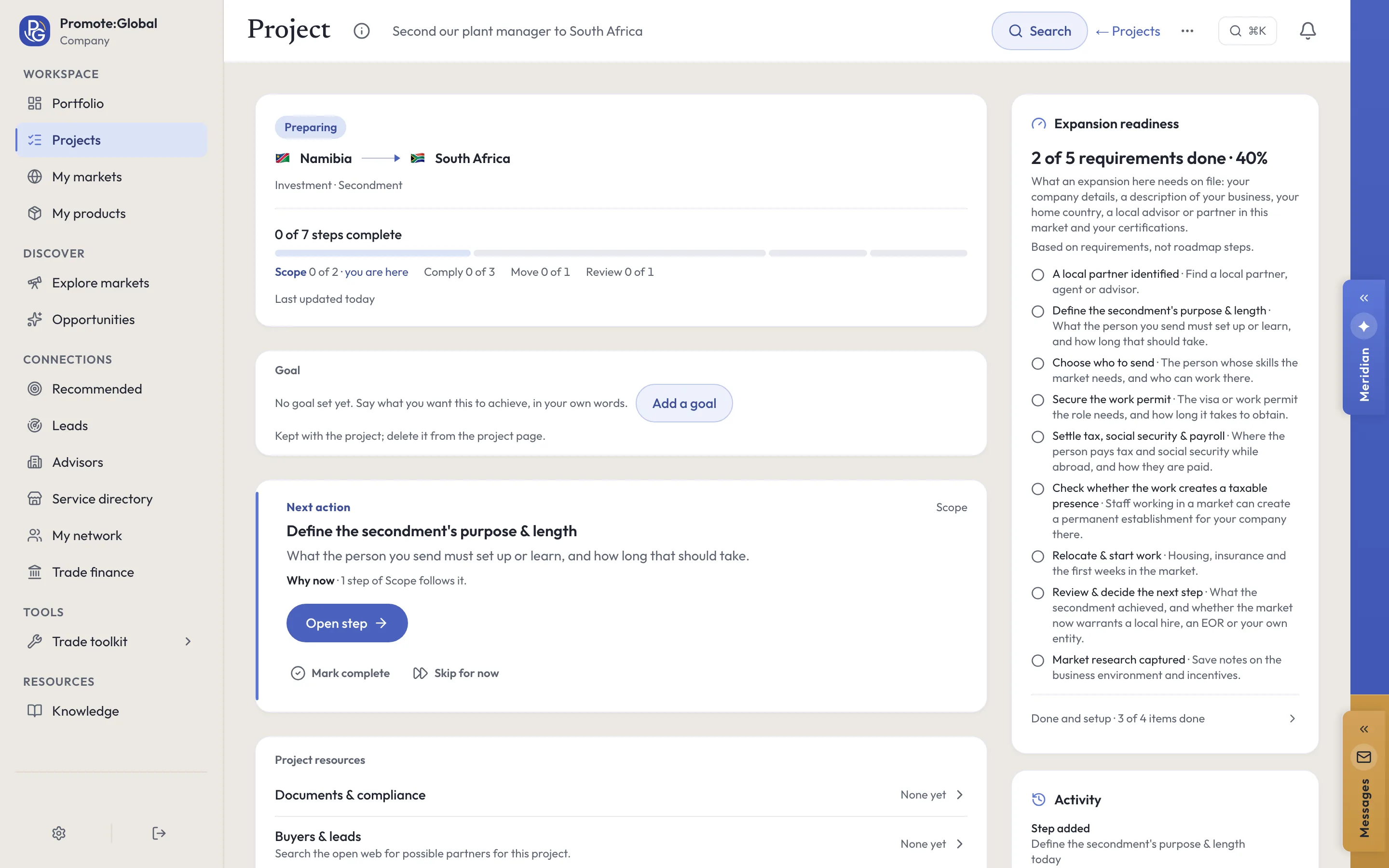A secondment project in the Promote:Global web console, Second our plant manager to South Africa: Investment · Secondment, 0 of 7 steps in Scope, Comply, Move and Review, and the next action, Define the secondment’s purpose & length.