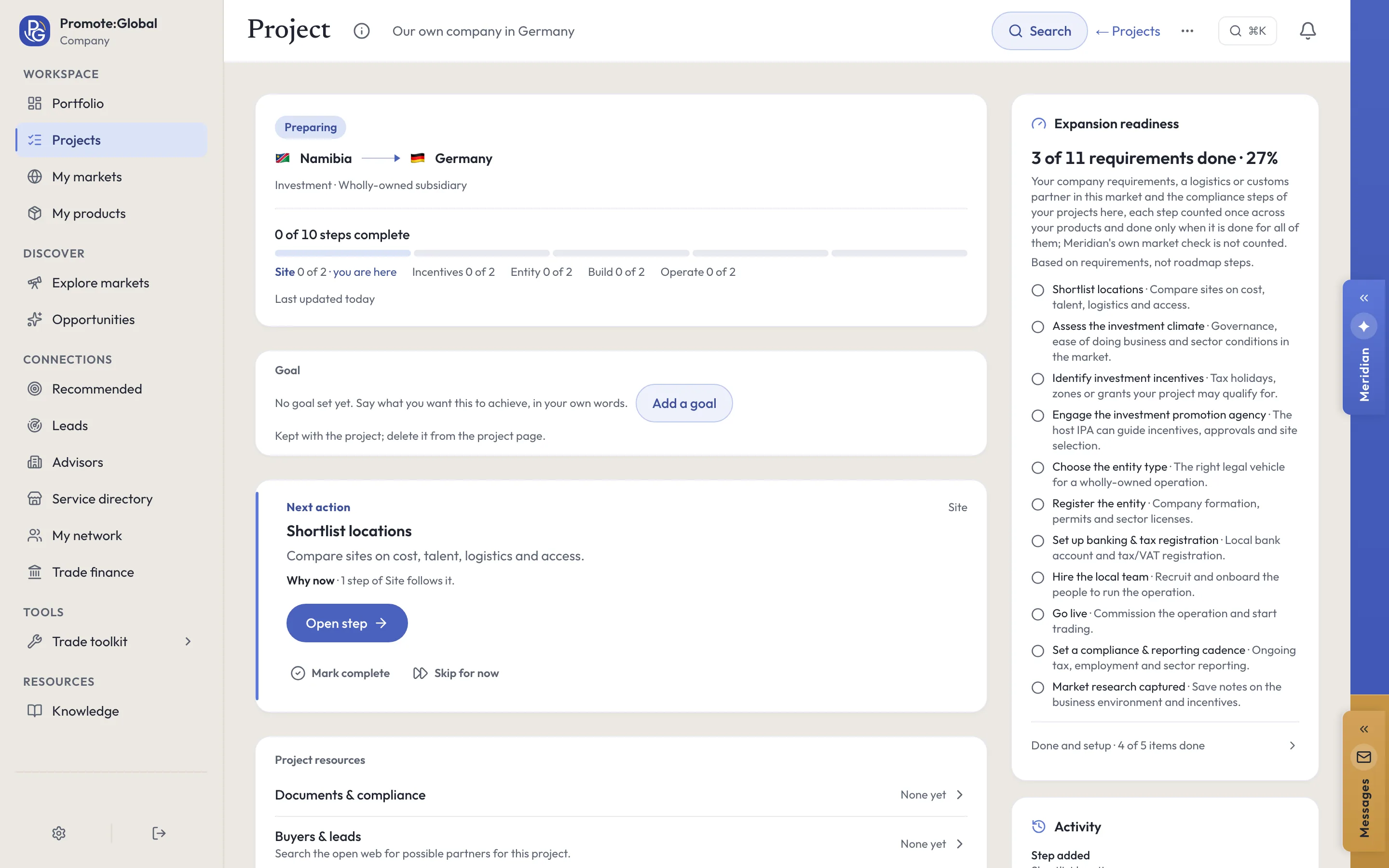 A wholly-owned subsidiary project in the Promote:Global web console, Our own company in Germany: Investment · Wholly-owned subsidiary, 0 of 10 steps in Site, Incentives, Entity, Build and Operate, and the next action, Shortlist locations.