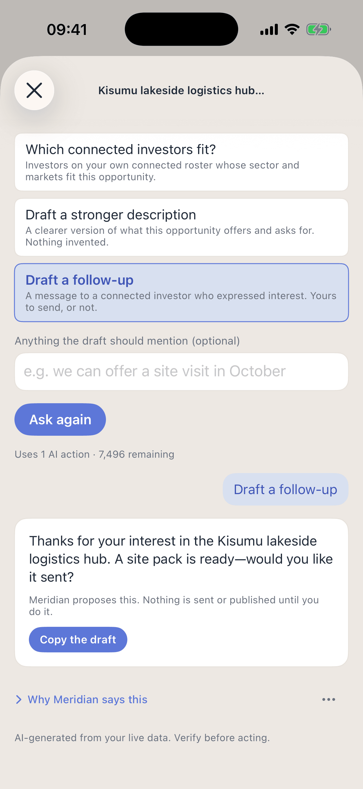 Meridian on iPhone on an investment opportunity, asked to draft a follow-up, proposes a short message offering an interested investor a site pack, and notes that nothing is sent until you send it.
