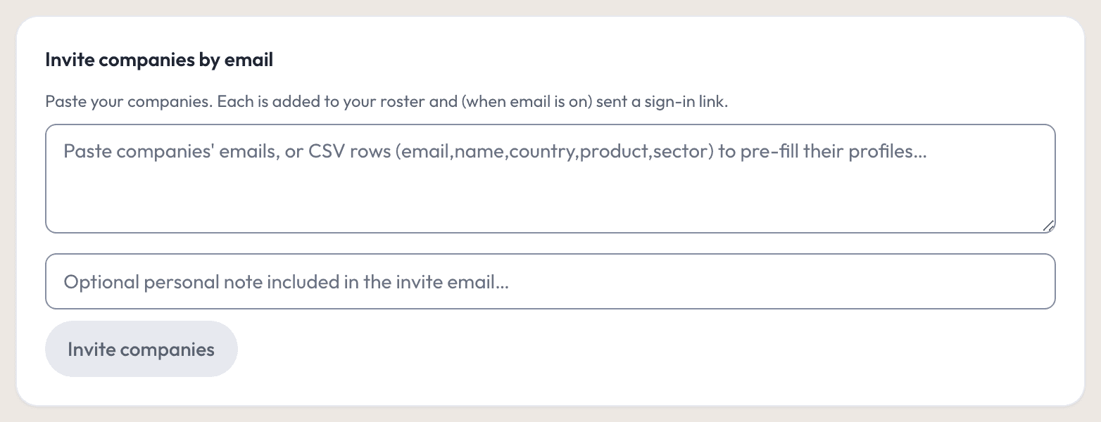 The Invite companies by email card in the agency’s web console: a box for companies’ emails, or CSV rows of email, name, country, product and sector to pre-fill their profiles, an optional personal note for the invite email, and the Invite companies button.
